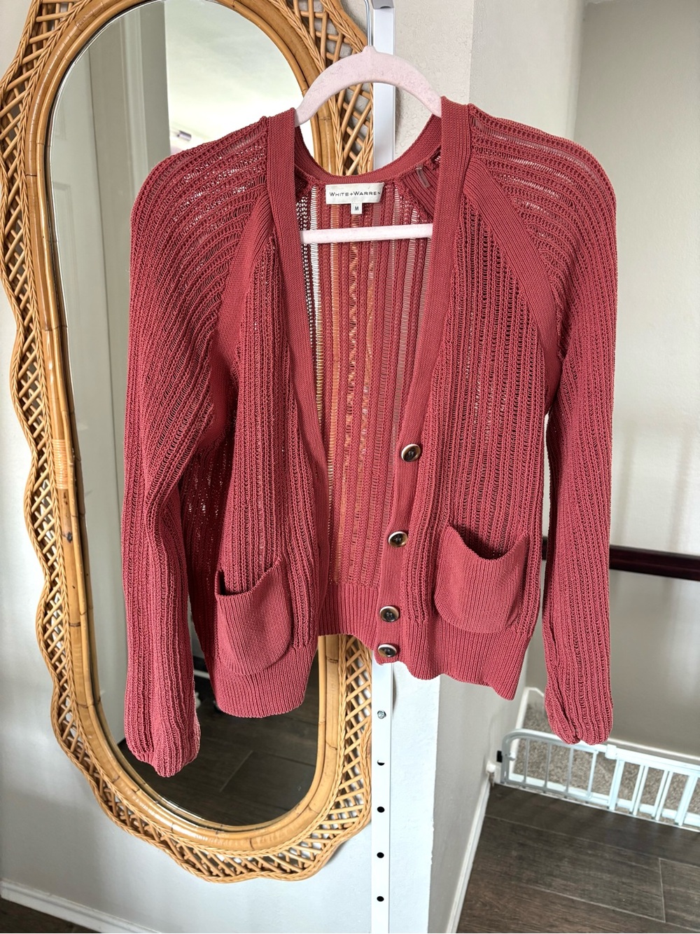 White + Warren / auburn corded cotton blouson sleeve knit cardigan